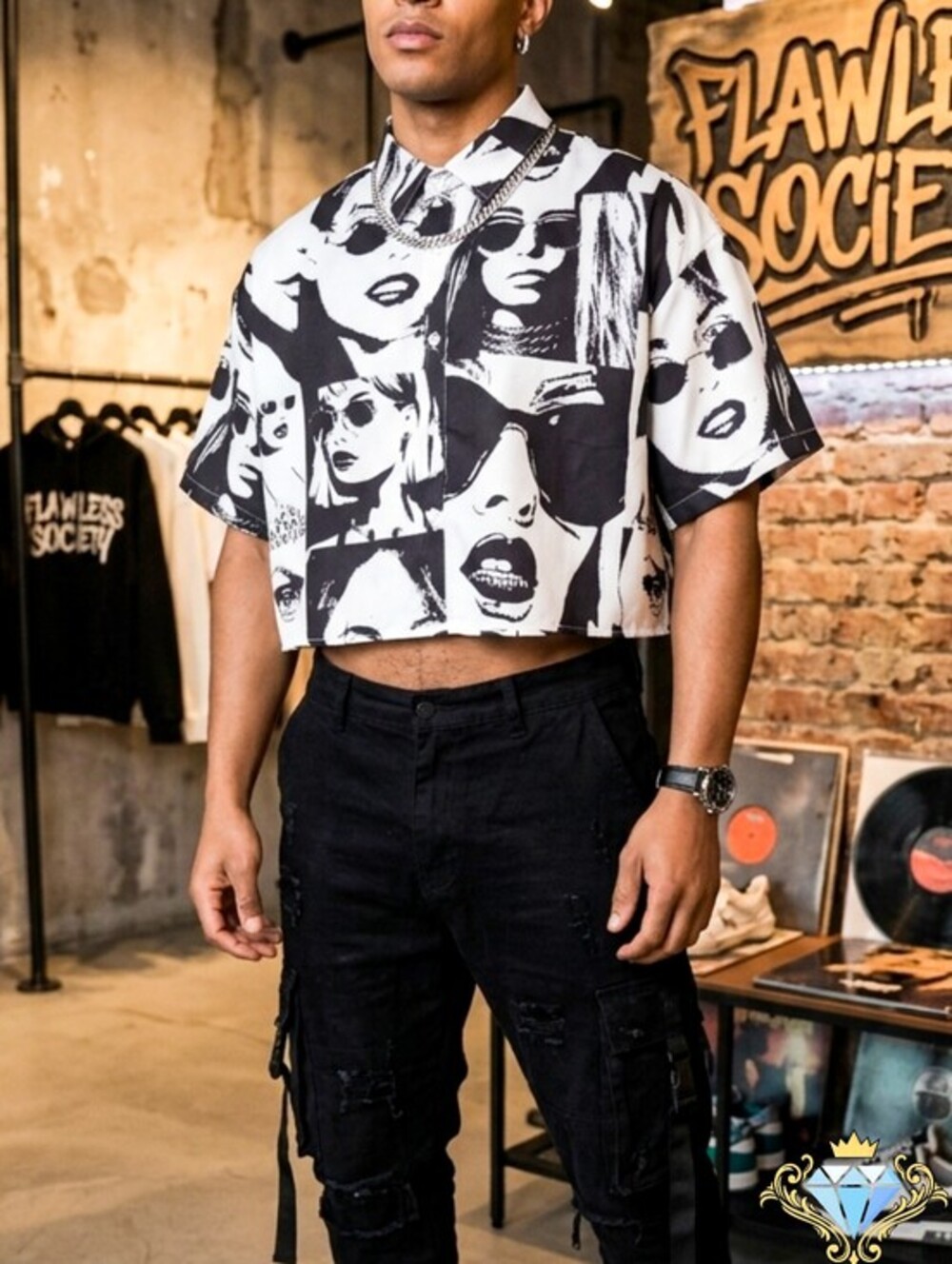 MANFINITY Graphic Pop Art Cropped Button Up Shirt – Size L (EUC) Festival